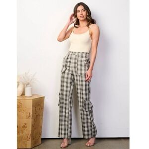 Women Plaid High Waist Wide Leg Multi Check Cargo Green Pants KLESIS